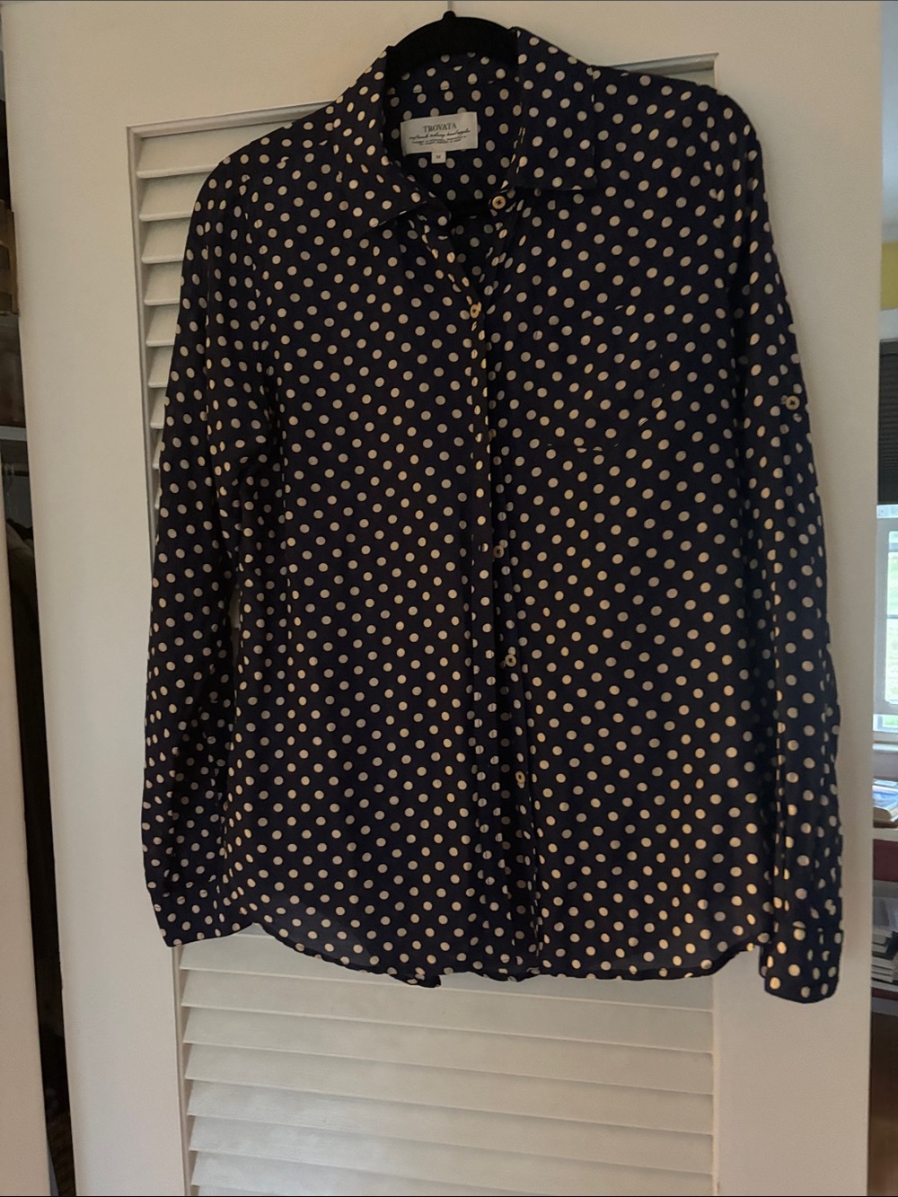 Trovata Navy Button-Up Blouse with Cream Polka Dots- silk- Medium